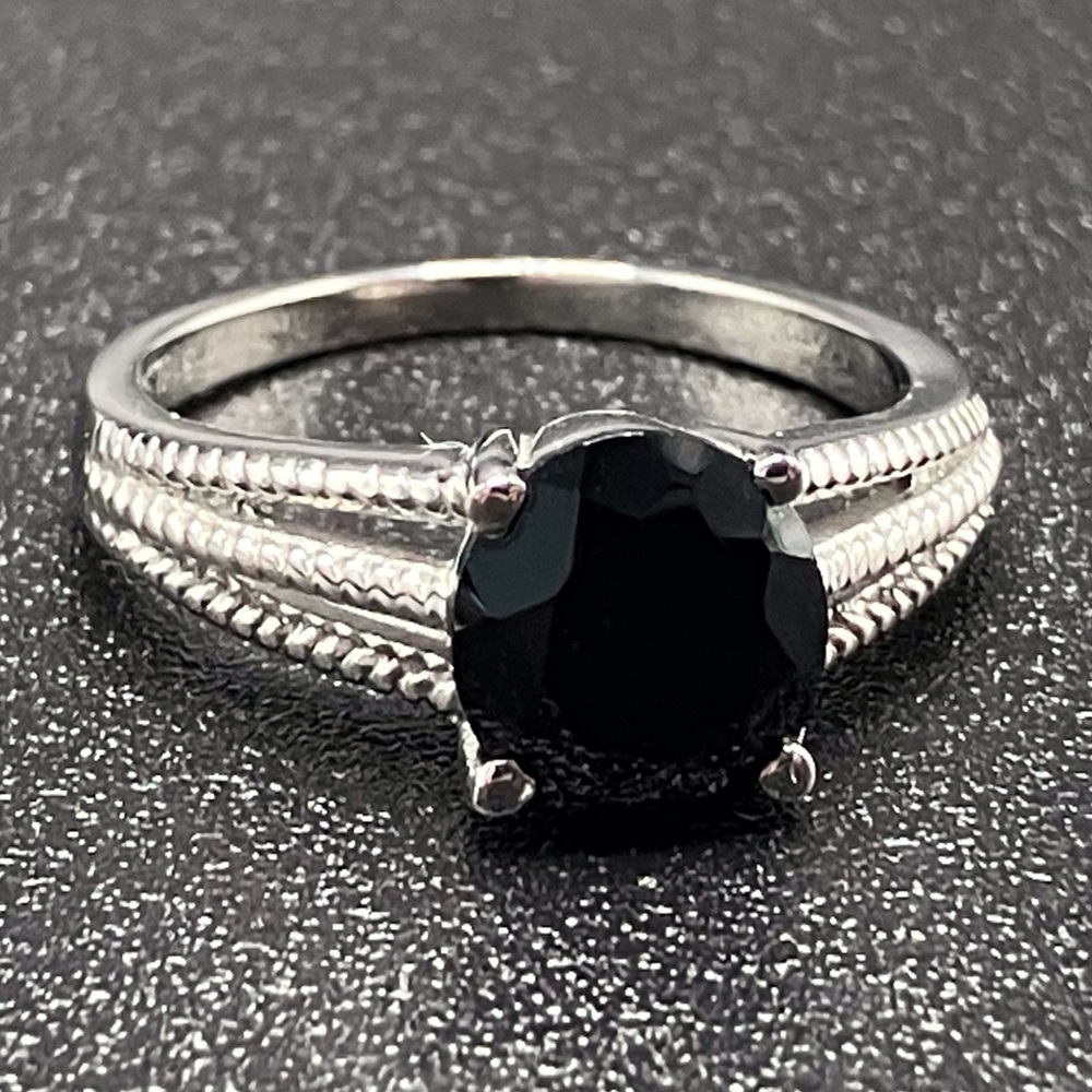 Natural Black Spinel Faceted Round Solitaire Engagement Style Split Shank Ring